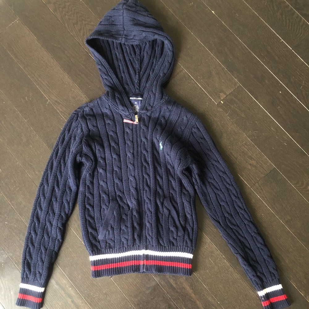 Cropped Ralph Lauren Navy Cable Knit Hoodie with Red and White Stripes